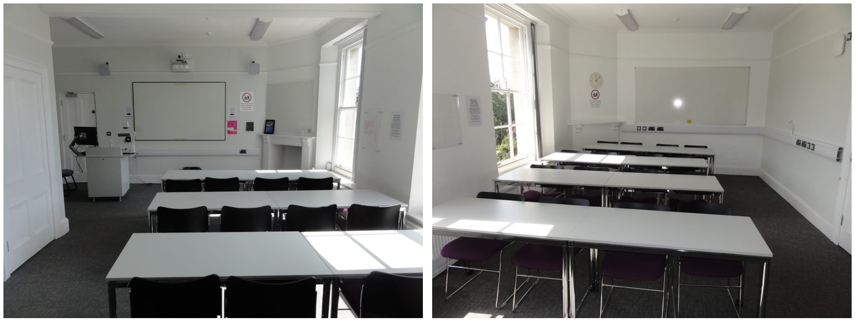 Rows of chairs and tables facing the teaching wall.